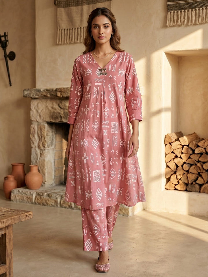 Pink Embroidered Cotton Blend Round Neck Straight Kurta With Pant