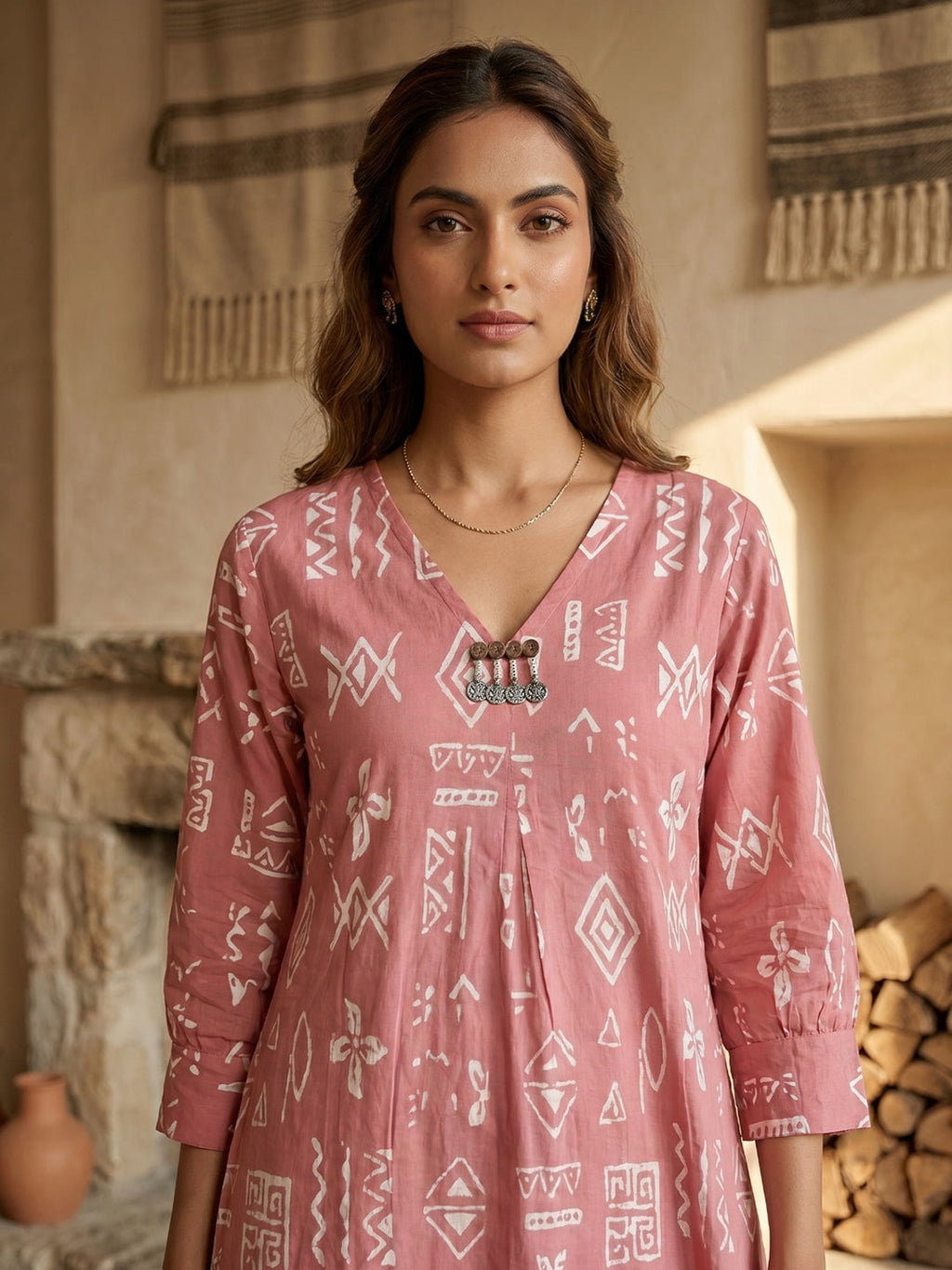 Pink Embroidered Cotton Blend Round Neck Straight Kurta With Pant