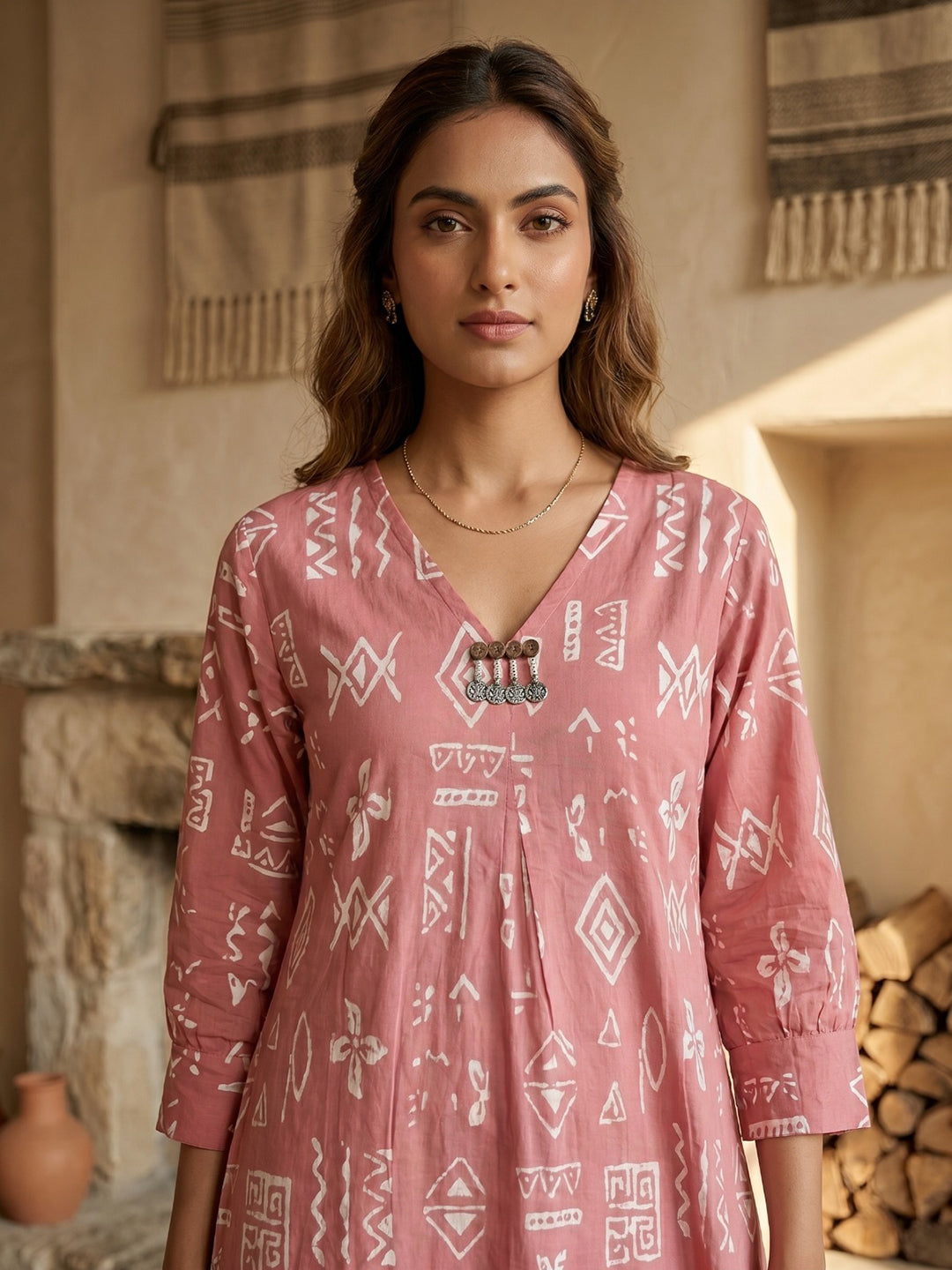 Pink Embroidered Cotton Blend Round Neck Straight Kurta With Pant