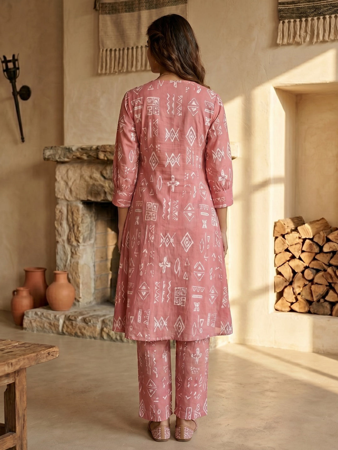 Pink Embroidered Cotton Blend Round Neck Straight Kurta With Pant