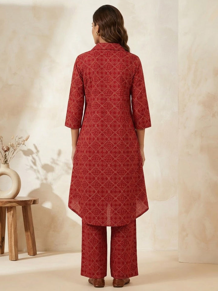 Red Embroidered Cotton Blend Kurta Set