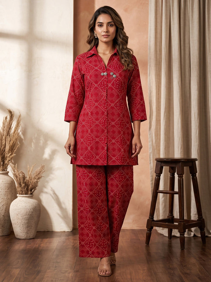 Red Embroidered Cotton Blend Kurta Set