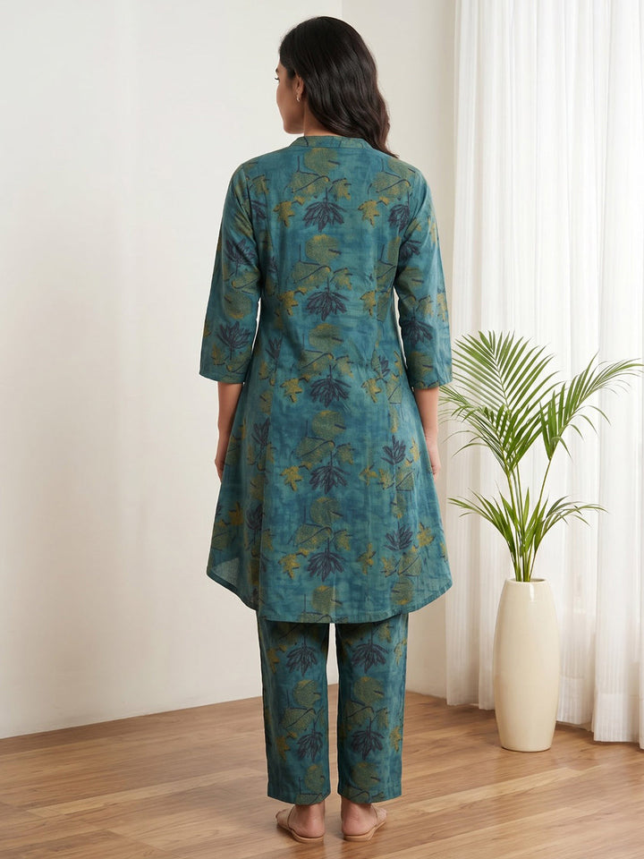 Blue Embroidered Cotton Blend Kurta Set