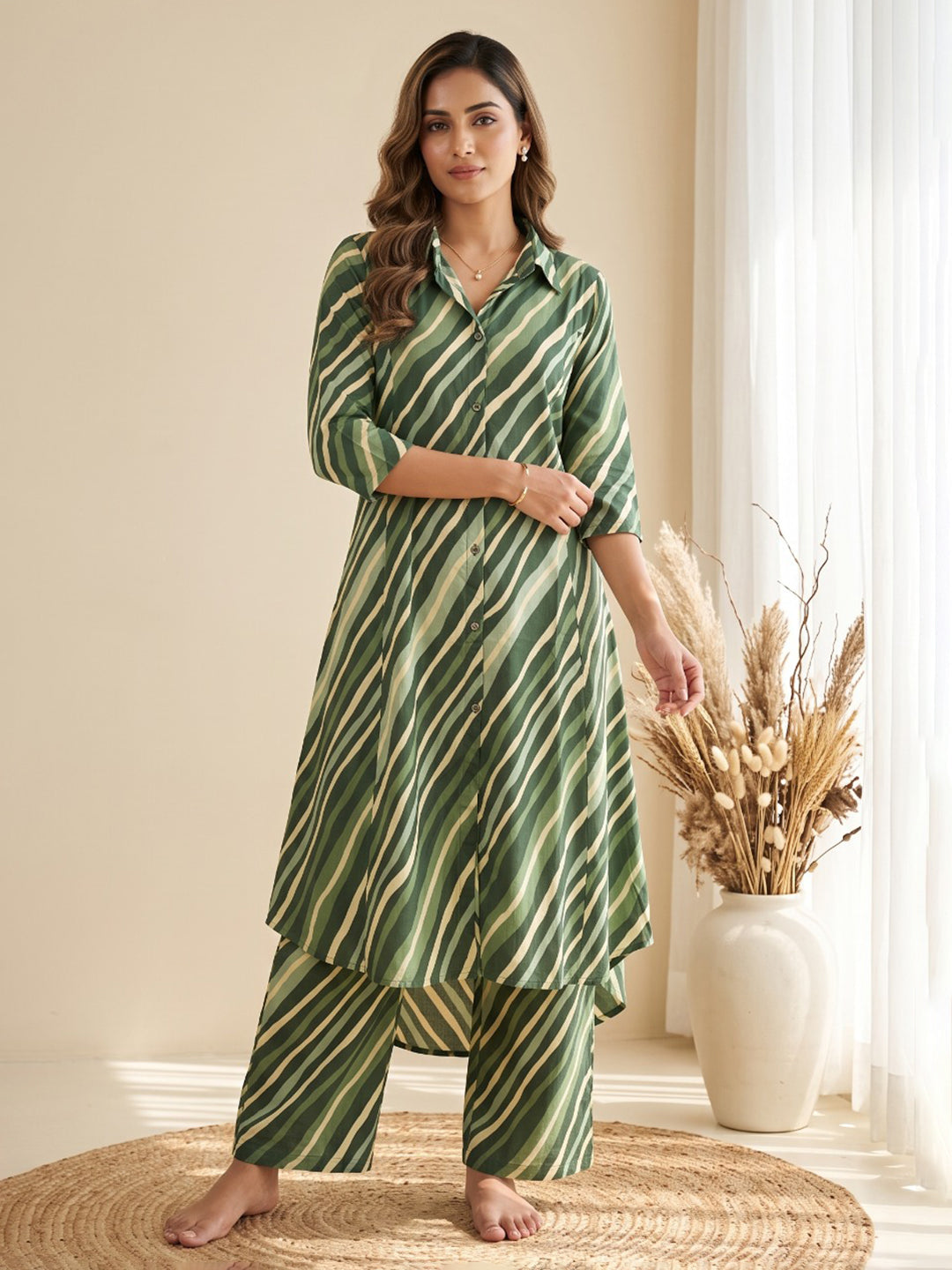Green Printed Cotton Blend Kurta