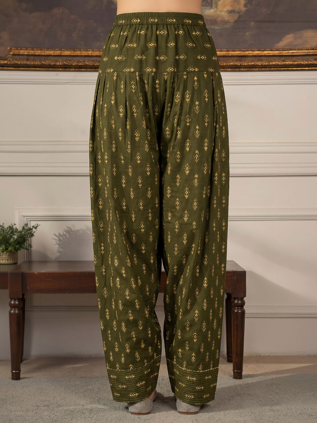 Green Printed Cotton Blend Kurta With Pant &amp; Dupatta