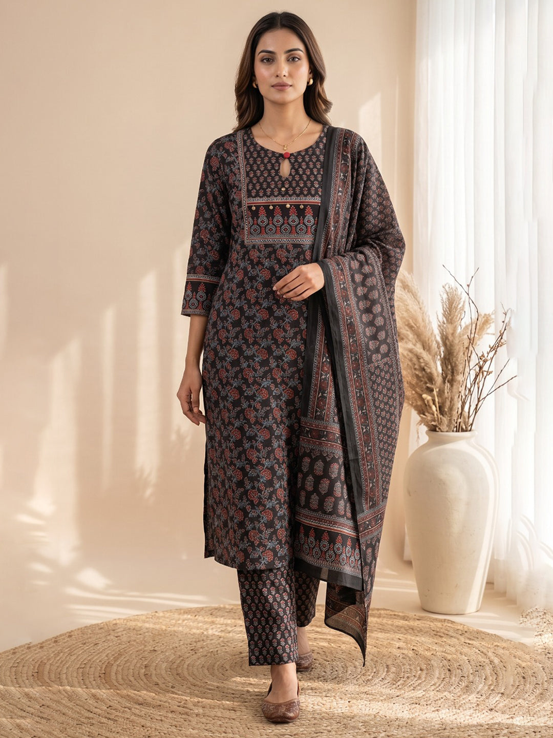 Black Embroidery Cotton Blend Kurta With Pant & Dupatta