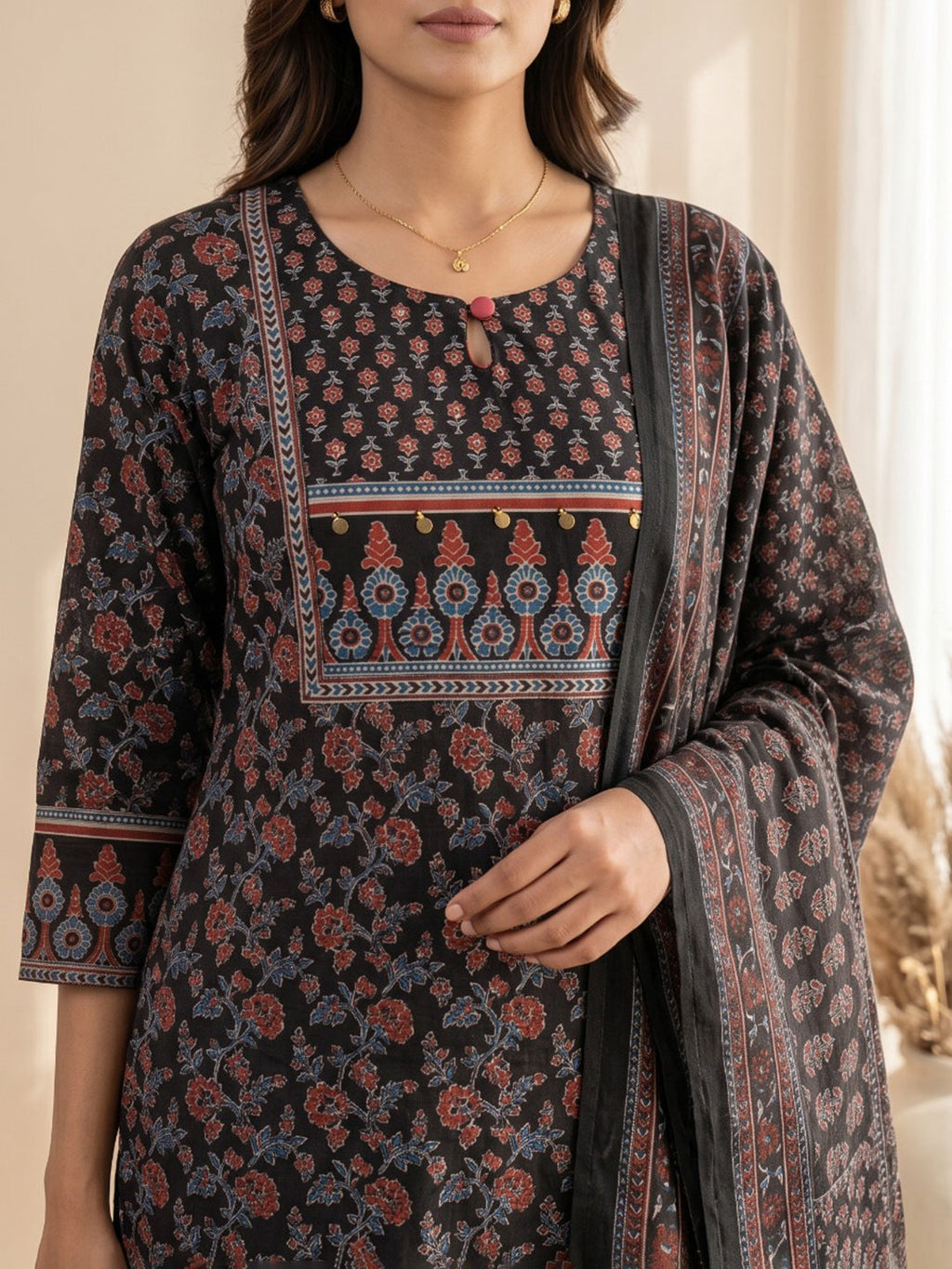 Black Embroidery Cotton Blend Kurta With Pant & Dupatta