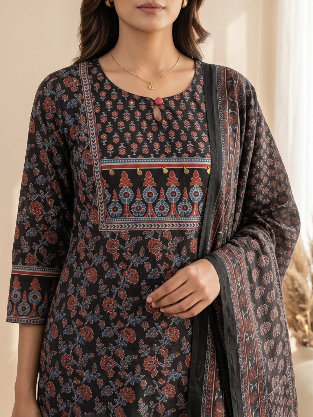 Black Embroidery Cotton Blend Kurta With Pant & Dupatta