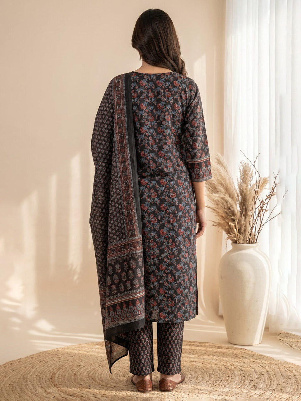 Black Embroidery Cotton Blend Kurta With Pant & Dupatta