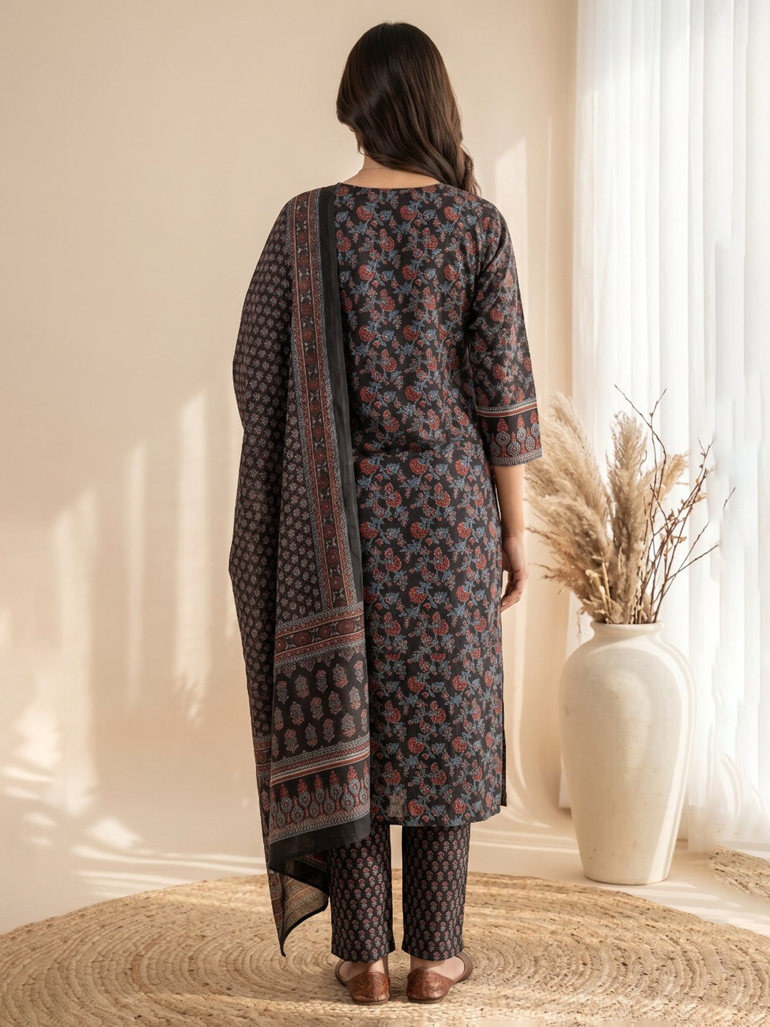 Black Embroidery Cotton Blend Kurta With Pant & Dupatta