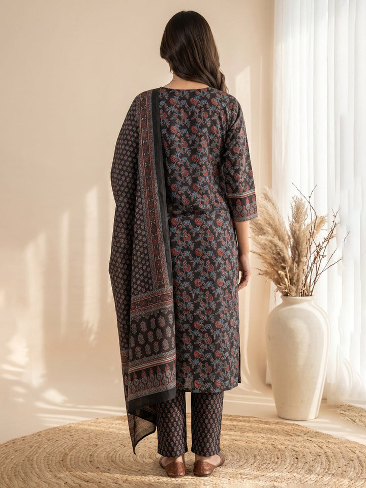 Black Embroidery Cotton Blend Kurta With Pant &amp; Dupatta