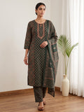 Green Embroidery Cotton Blend Kurta With Pant & Dupatta