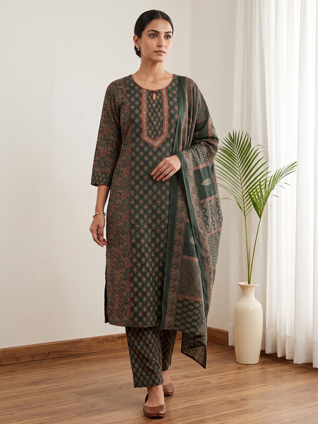 Green Embroidery Cotton Blend Kurta With Pant & Dupatta