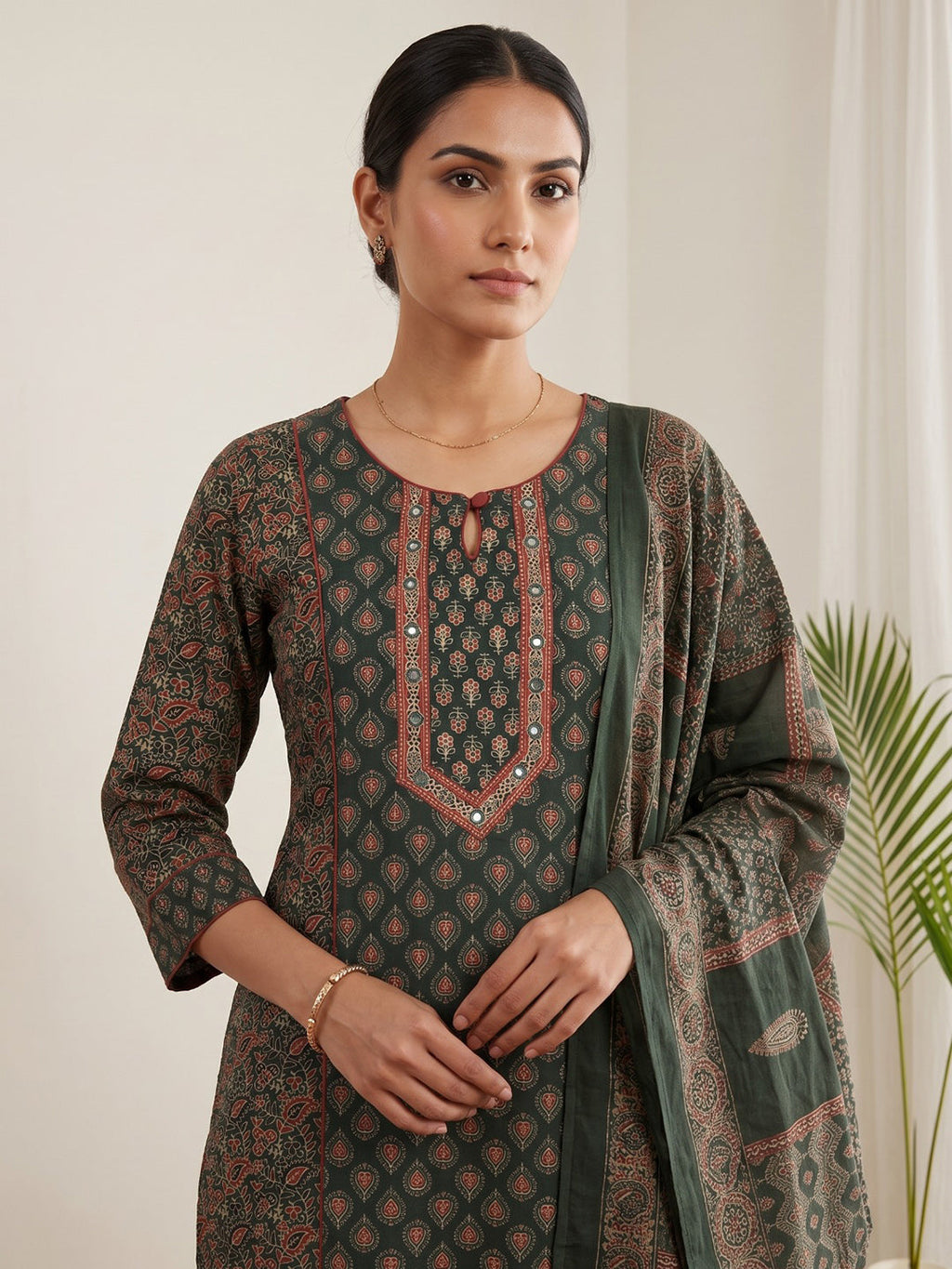 Green Embroidery Cotton Blend Kurta With Pant & Dupatta