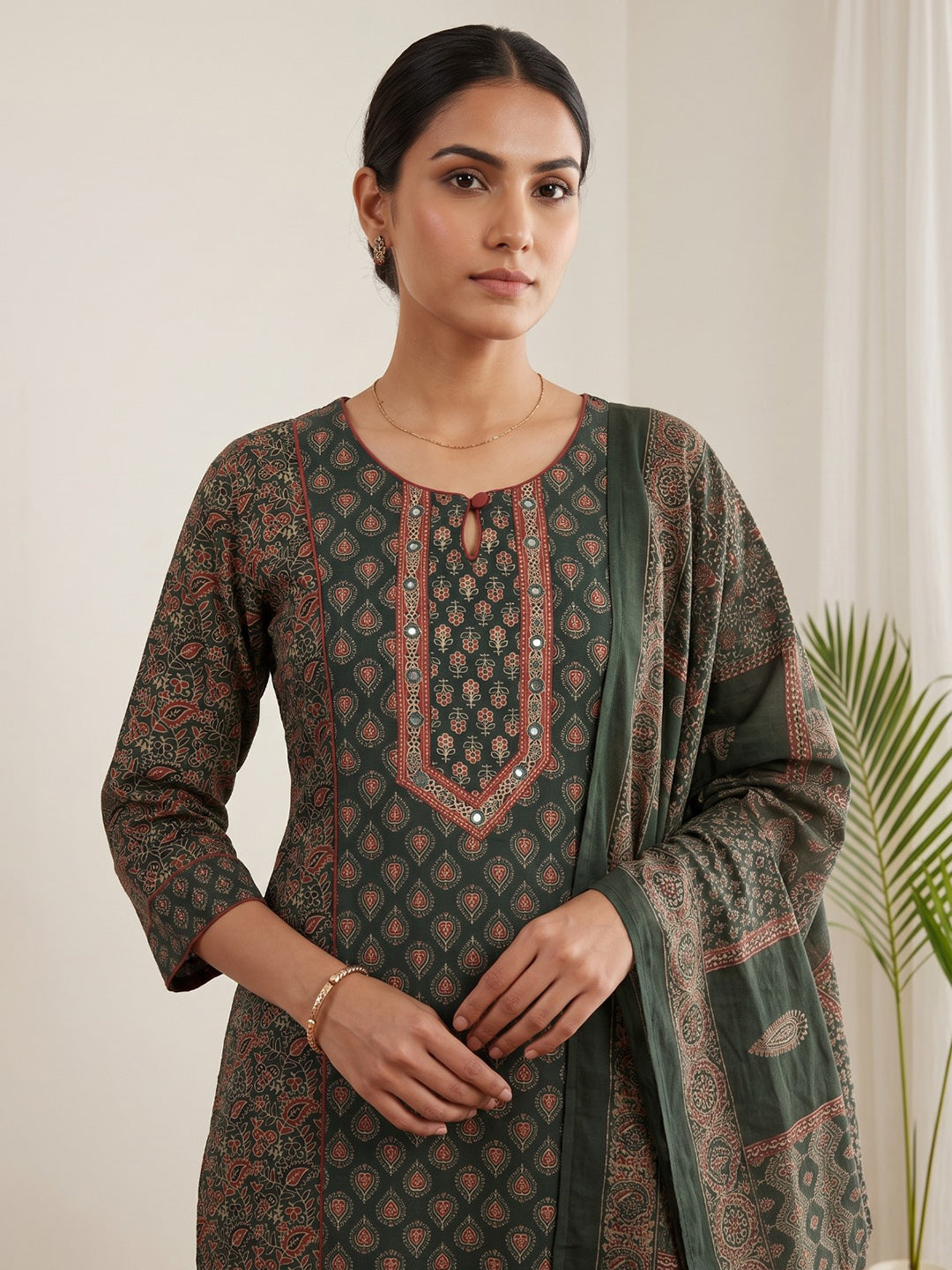 Green Embroidery Cotton Blend Kurta With Pant & Dupatta