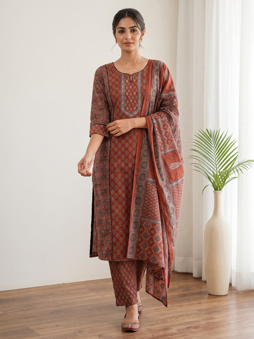 Maroon Embroidery Cotton Blend Kurta With Pant & Dupatta