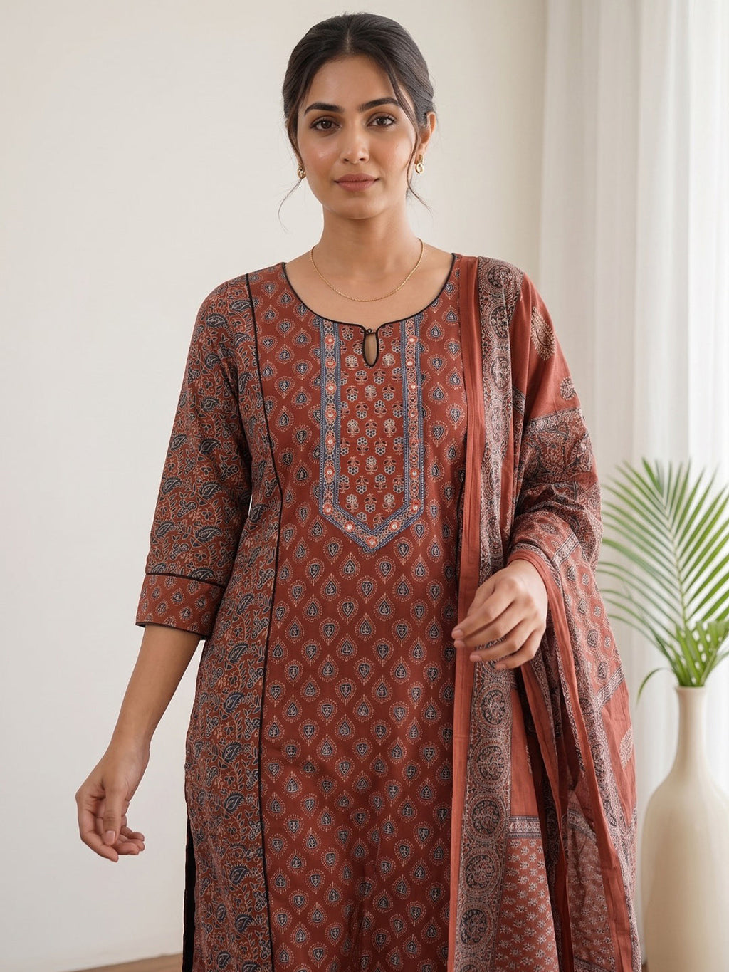 Maroon Embroidery Cotton Blend Kurta With Pant & Dupatta