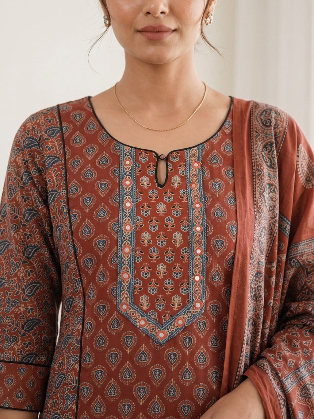 Maroon Embroidery Cotton Blend Kurta With Pant & Dupatta
