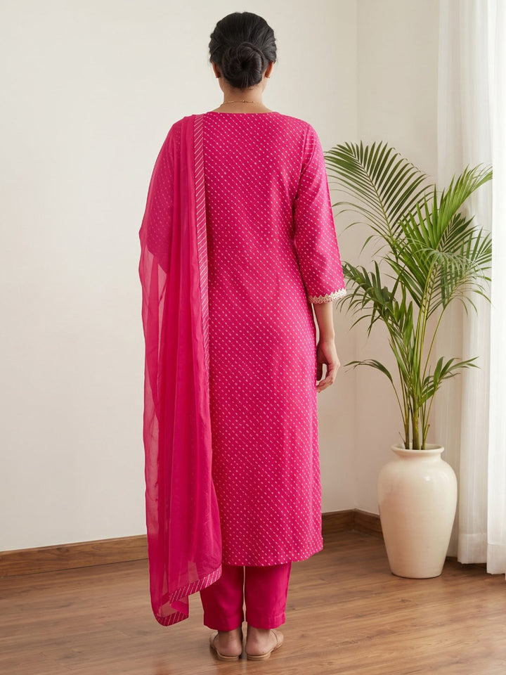 Pink Printed Cotton Blend Kurta With Pant &amp; Dupatta