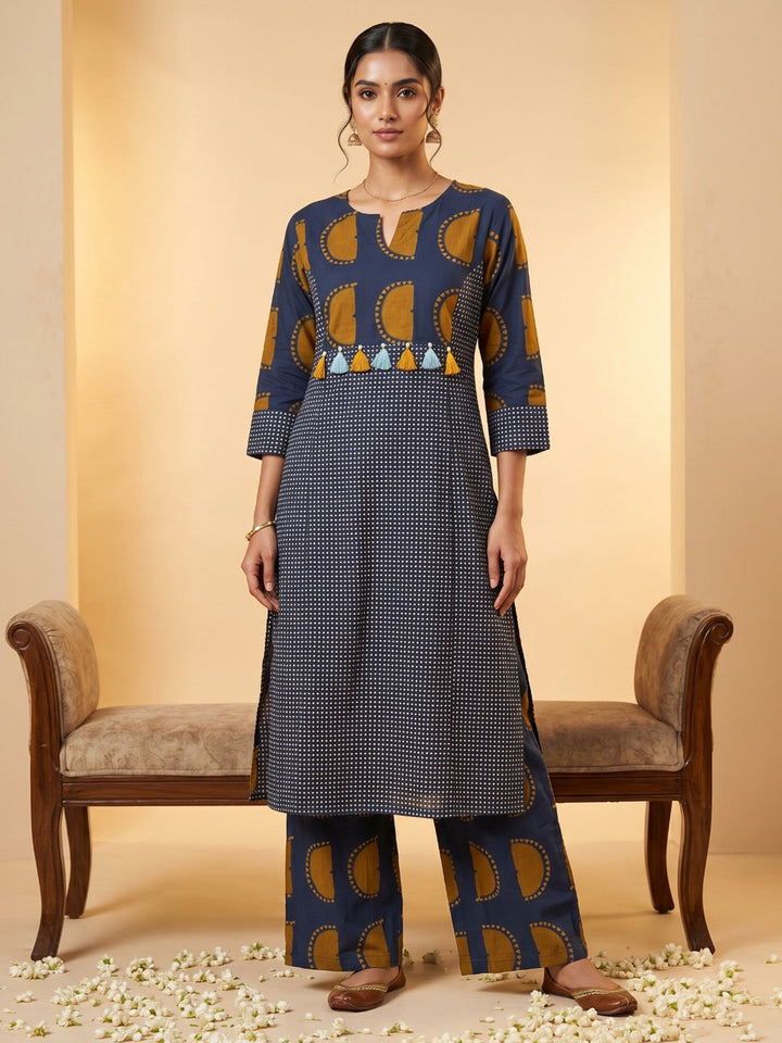 Blue Embroidered Cotton Blend Round Neck Straight Kurta With Pant