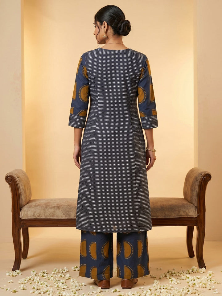 Blue Embroidered Cotton Blend Round Neck Straight Kurta With Pant