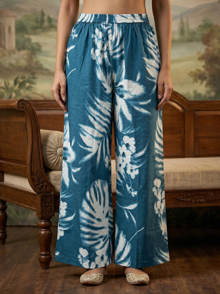 Blue Embroidered Cotton Blend Round Neck Straight Kurta With Pant