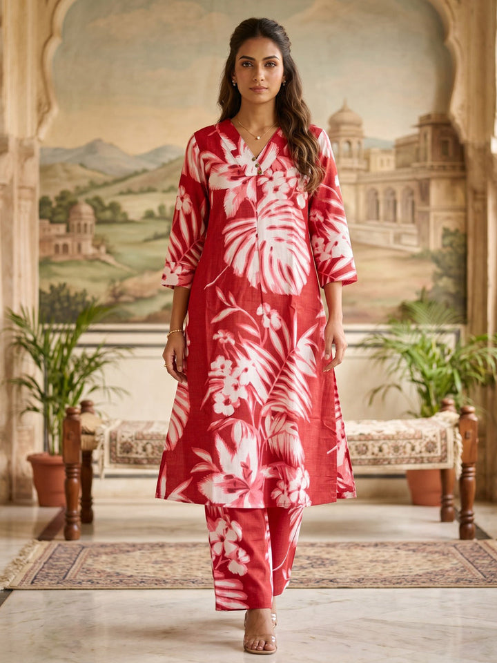 Red Embroidered Cotton Blend Round Neck Straight Kurta With Pant