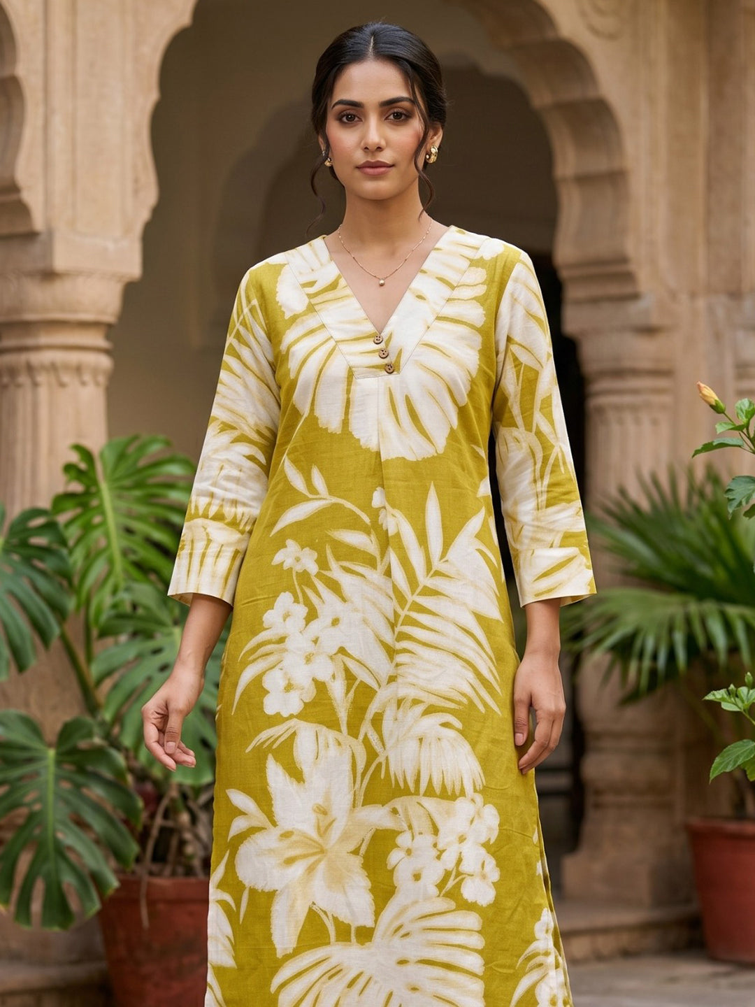 Yellow Embroidered Cotton Blend Round Neck Straight Kurta With Pant