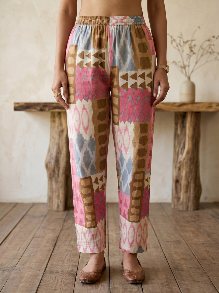 Pink Printed Cotton Blend V Neck Straight Kurta With Pant