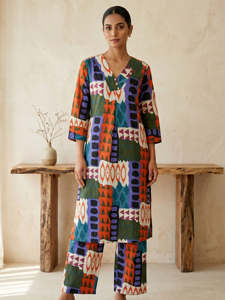Red Printed Cotton Blend V Neck Straight Kurta With Pant