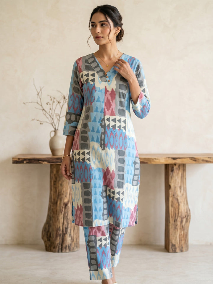 Sky Blue Printed Cotton Blend V Neck Straight Kurta With Pant