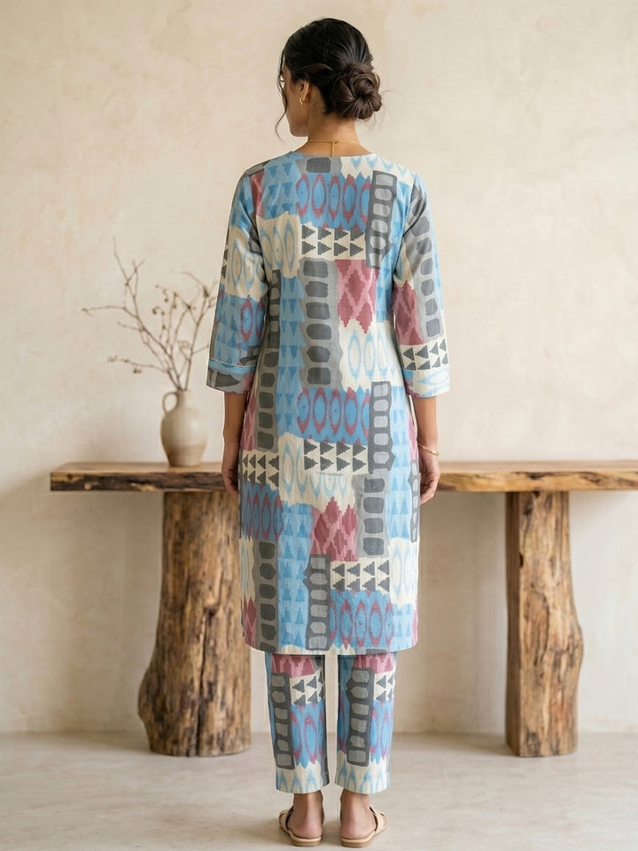 Sky Blue Printed Cotton Blend V Neck Straight Kurta With Pant
