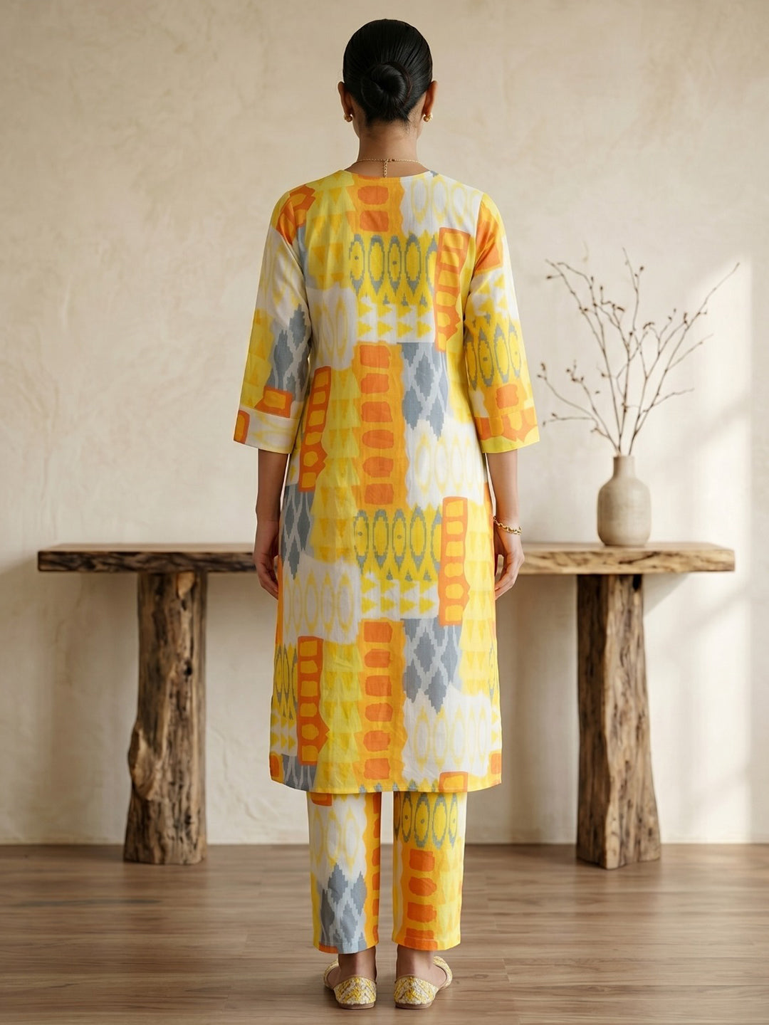 Yellow Printed Cotton Blend V Neck Straight Kurta With Pant