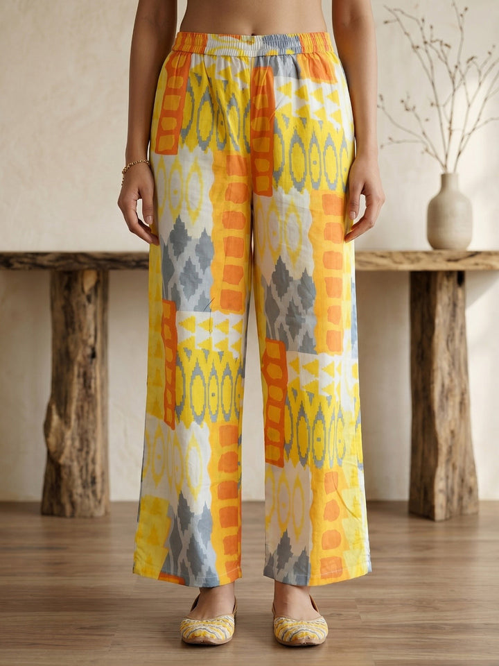 Yellow Printed Cotton Blend V Neck Straight Kurta With Pant