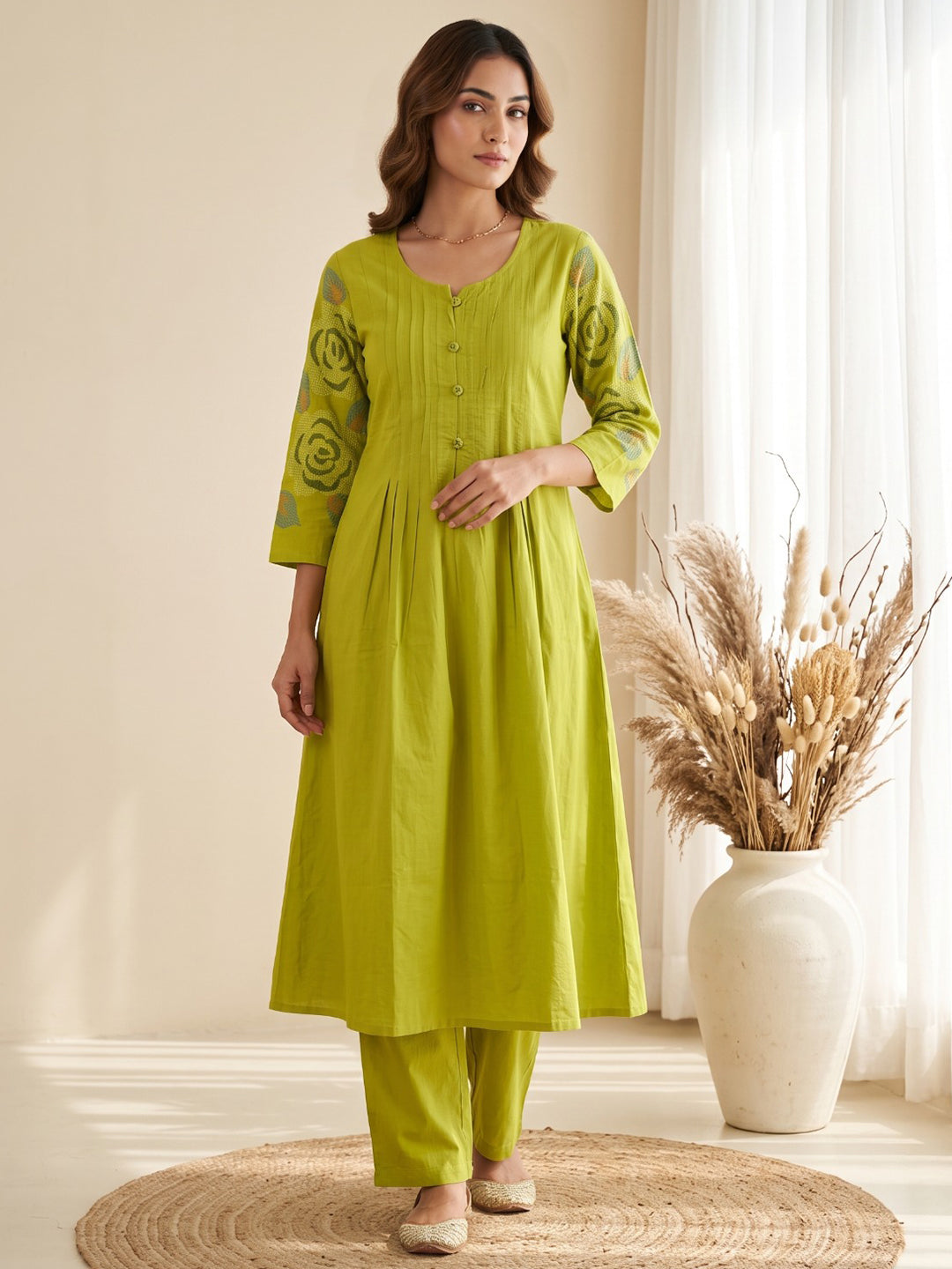 Green Printed Cotton Blend Kurta