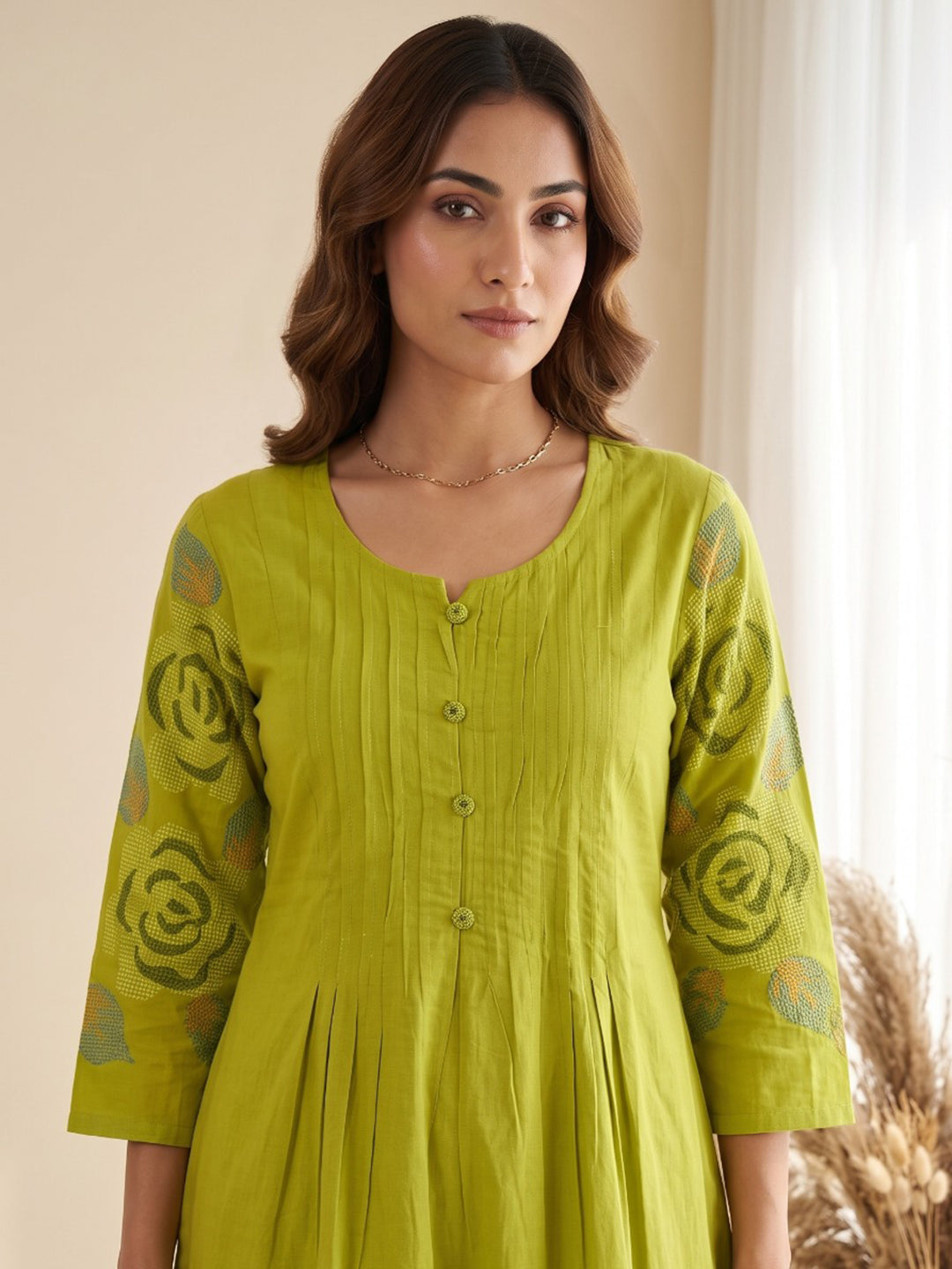 Green Printed Cotton Blend Kurta