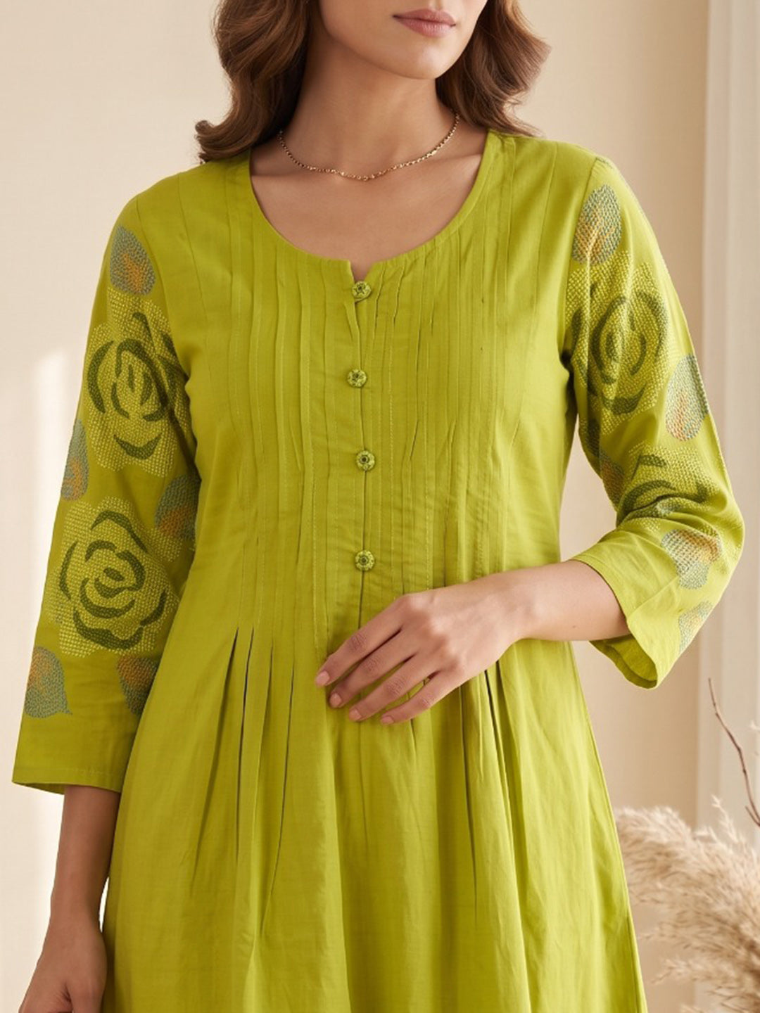 Green Printed Cotton Blend Kurta
