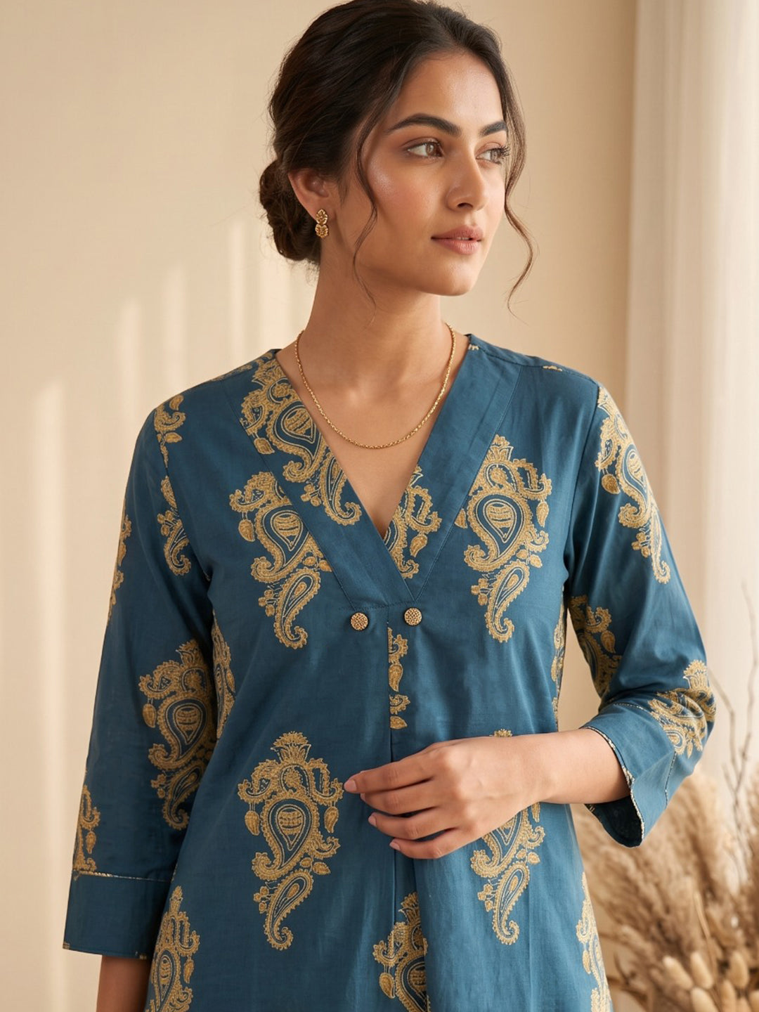 Blue Printed Cotton Blend Kurta