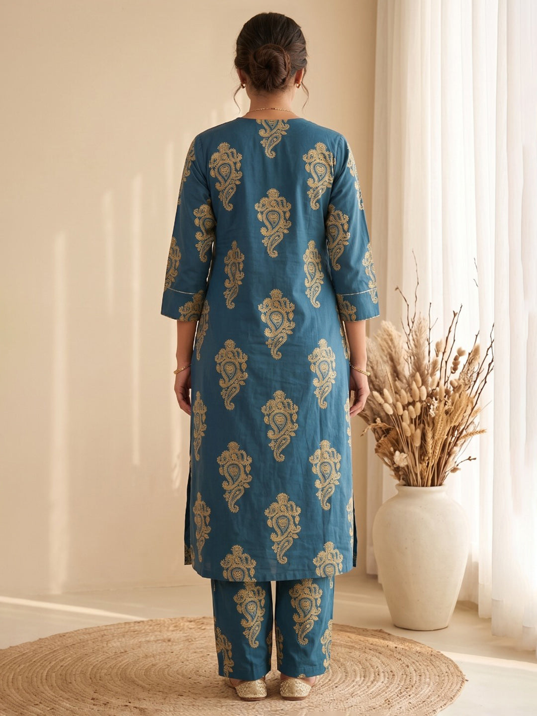 Blue Printed Cotton Blend Kurta