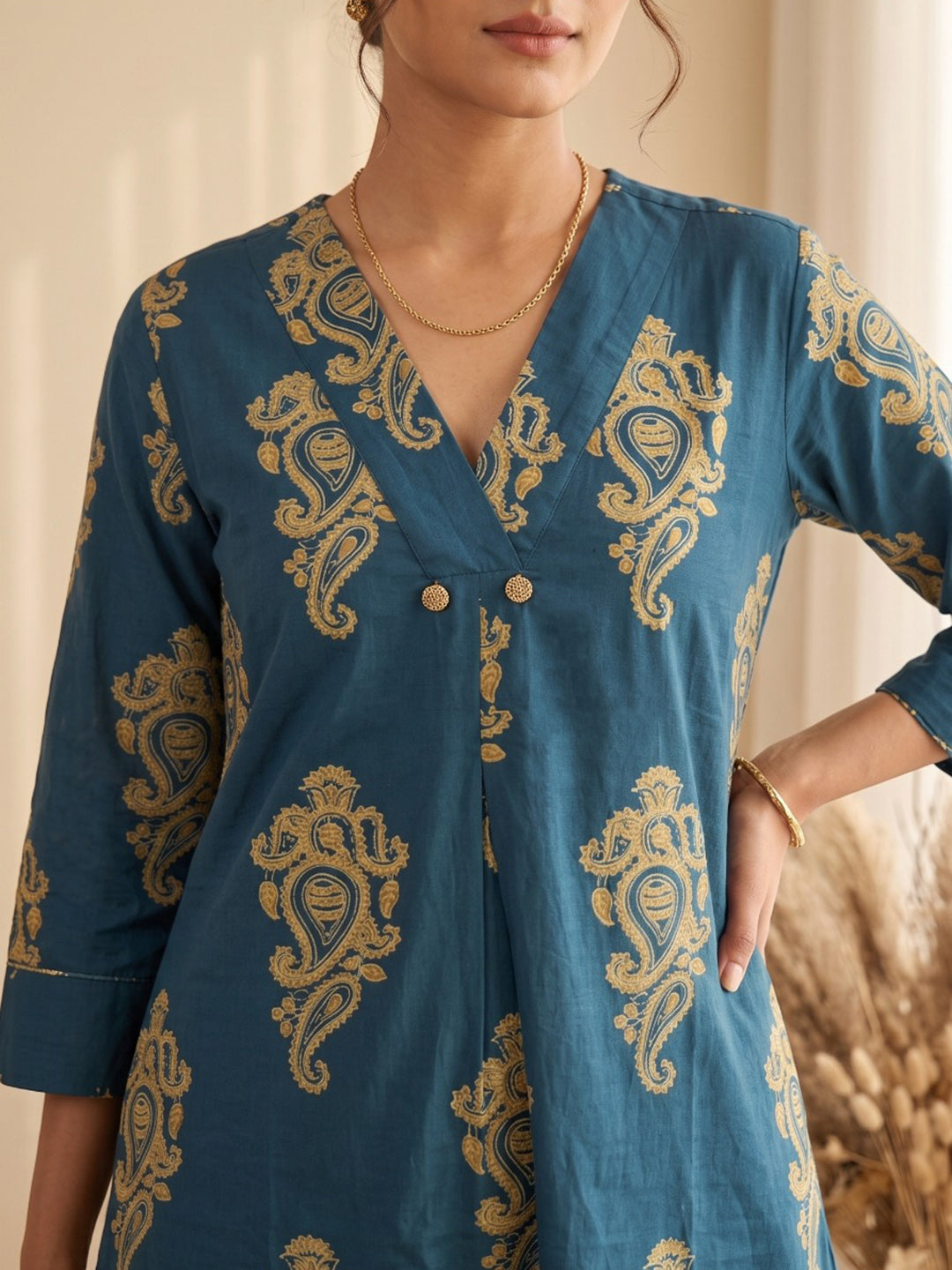 Blue Printed Cotton Blend Kurta