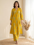 Yellow Printed Cotton Blend Kurta
