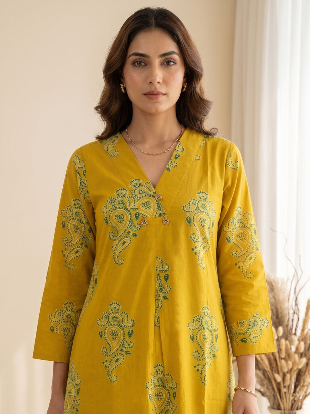 Yellow Printed Cotton Blend Kurta
