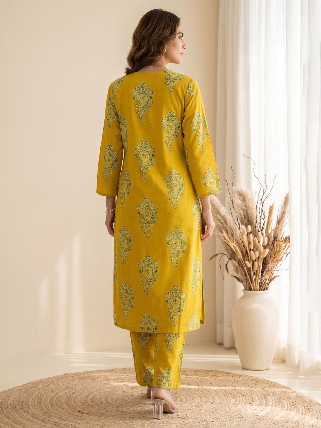 Yellow Printed Cotton Blend Kurta