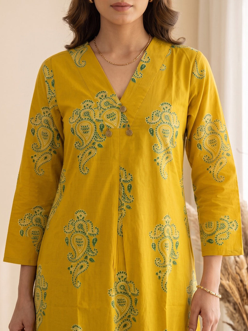 Yellow Printed Cotton Blend Kurta