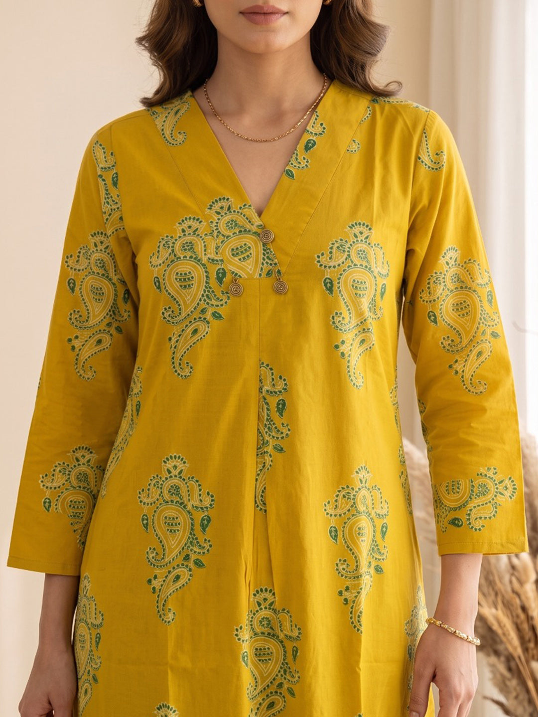 Yellow Printed Cotton Blend Kurta