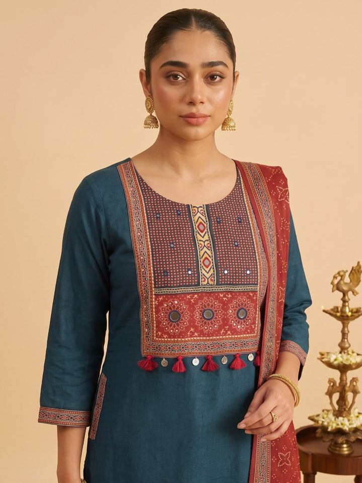 Teal Blue Embroidered Art Silk Kurta With Pant &amp; Dupatta