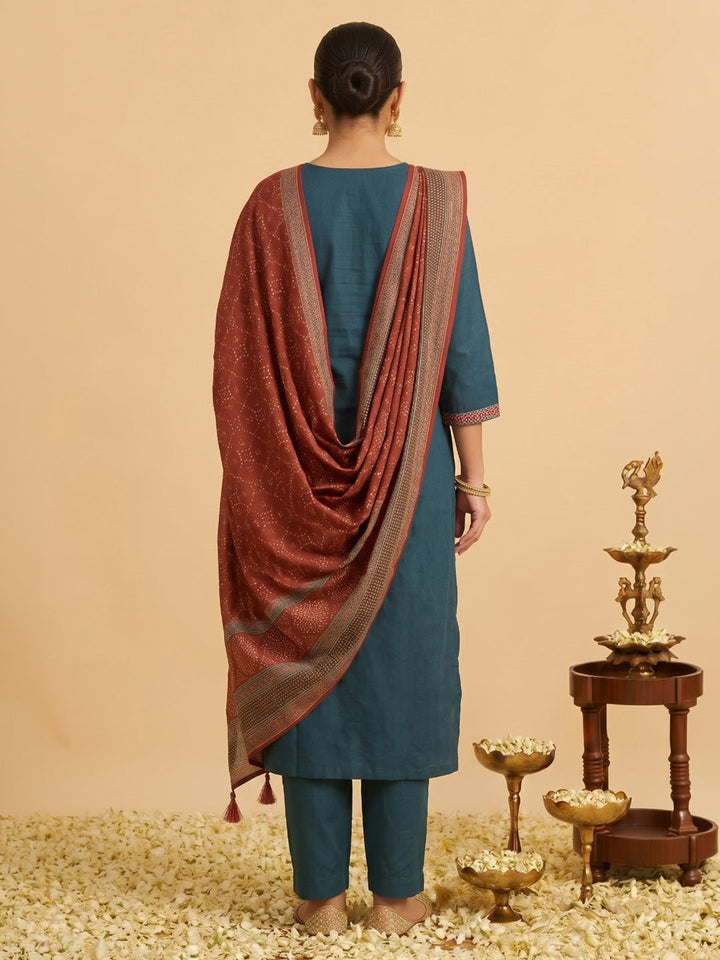 Teal Blue Embroidered Art Silk Kurta With Pant &amp; Dupatta