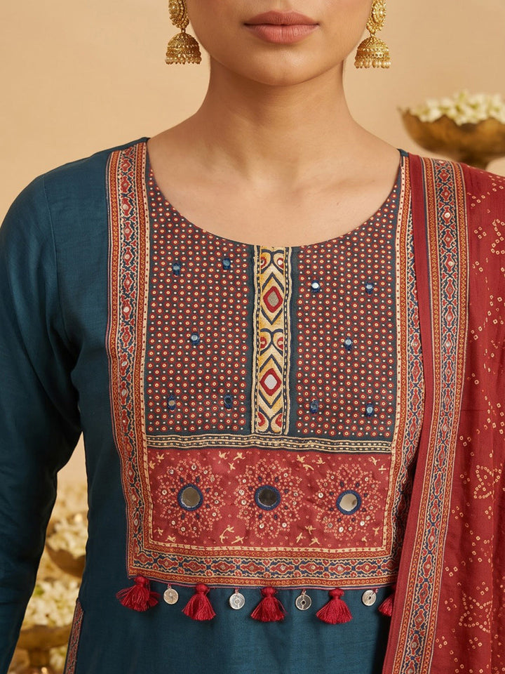 Teal Blue Embroidered Art Silk Kurta With Pant &amp; Dupatta