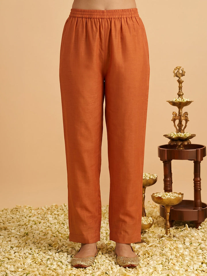 Orange Embroidered Chanderi Kurta With Pant &amp; Dupatta