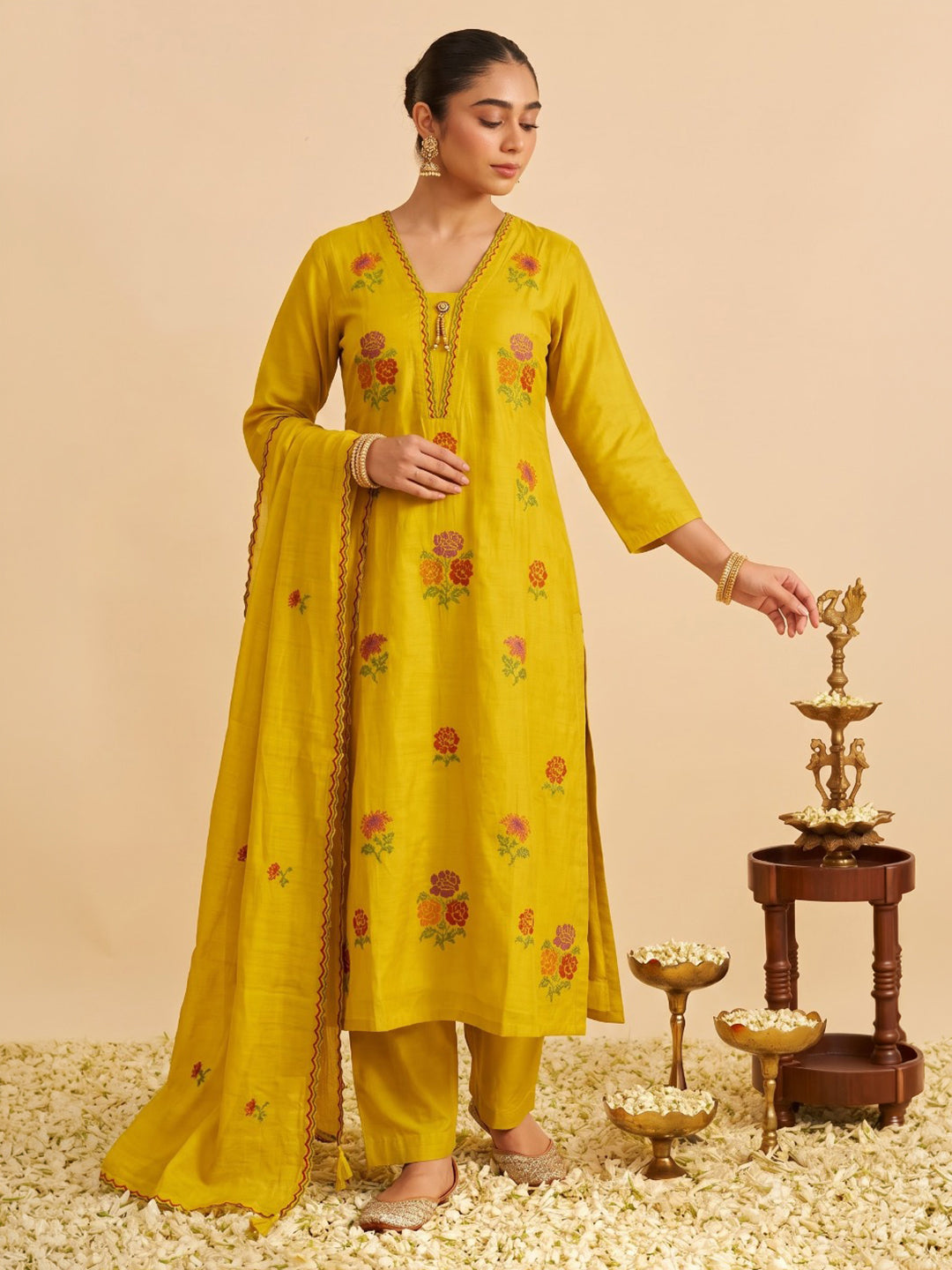 Yellow Embroidered Chanderi Kurta With Pant &amp; Dupatta